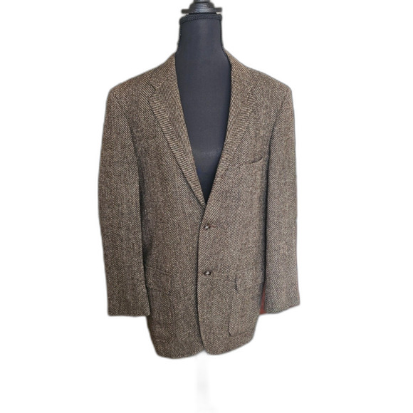 Rare Vintage Brown Herringbone Wool Blazer W/ Classic 2-Button Up Lucas Chicago - Picture 1 of 13
